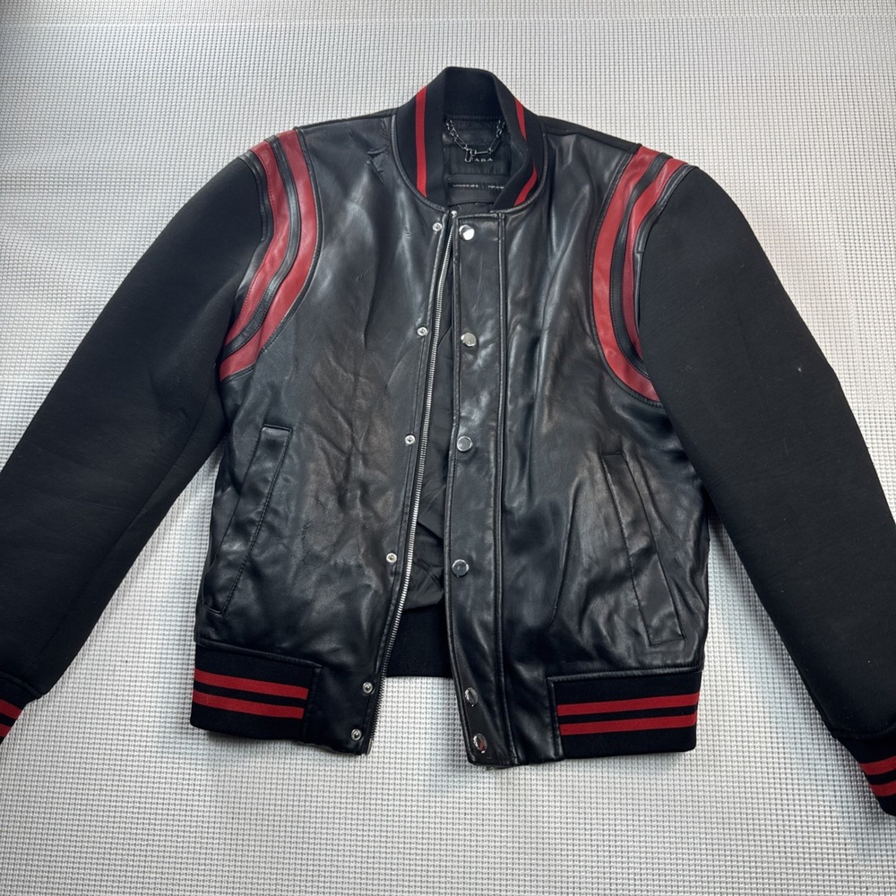 ZARA Varsity Jacket Black Red Faux Leather Bomber Snap Zip Womens Medium